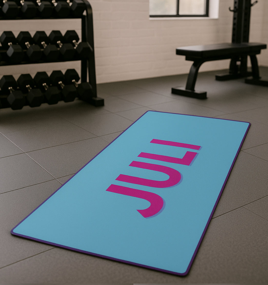Personalised Yoga Mat Bright Blue with Hot Pink Side Initials