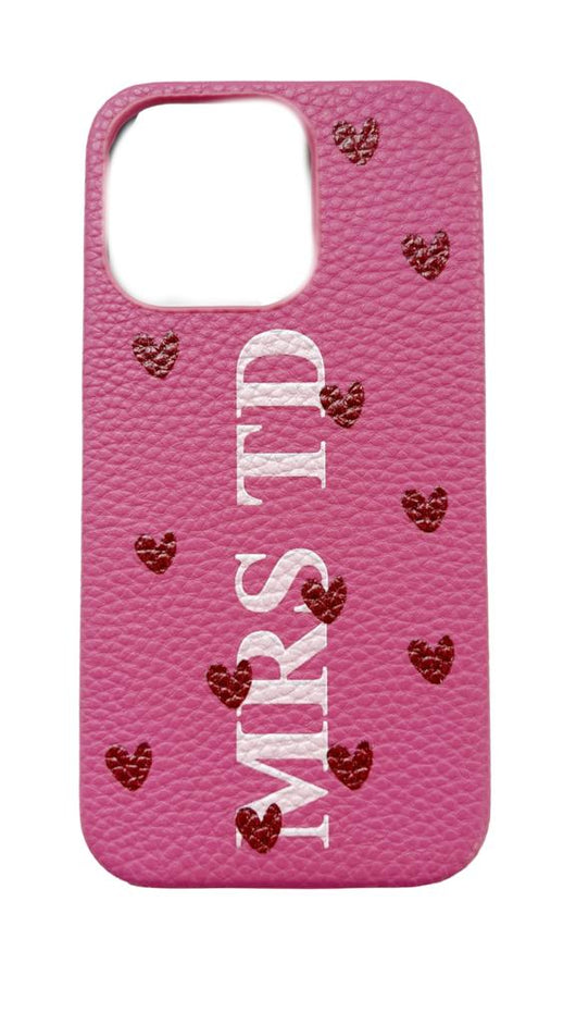Hot Pink Genuine Grained Leather Case with Printed Initials and Love Heart Design