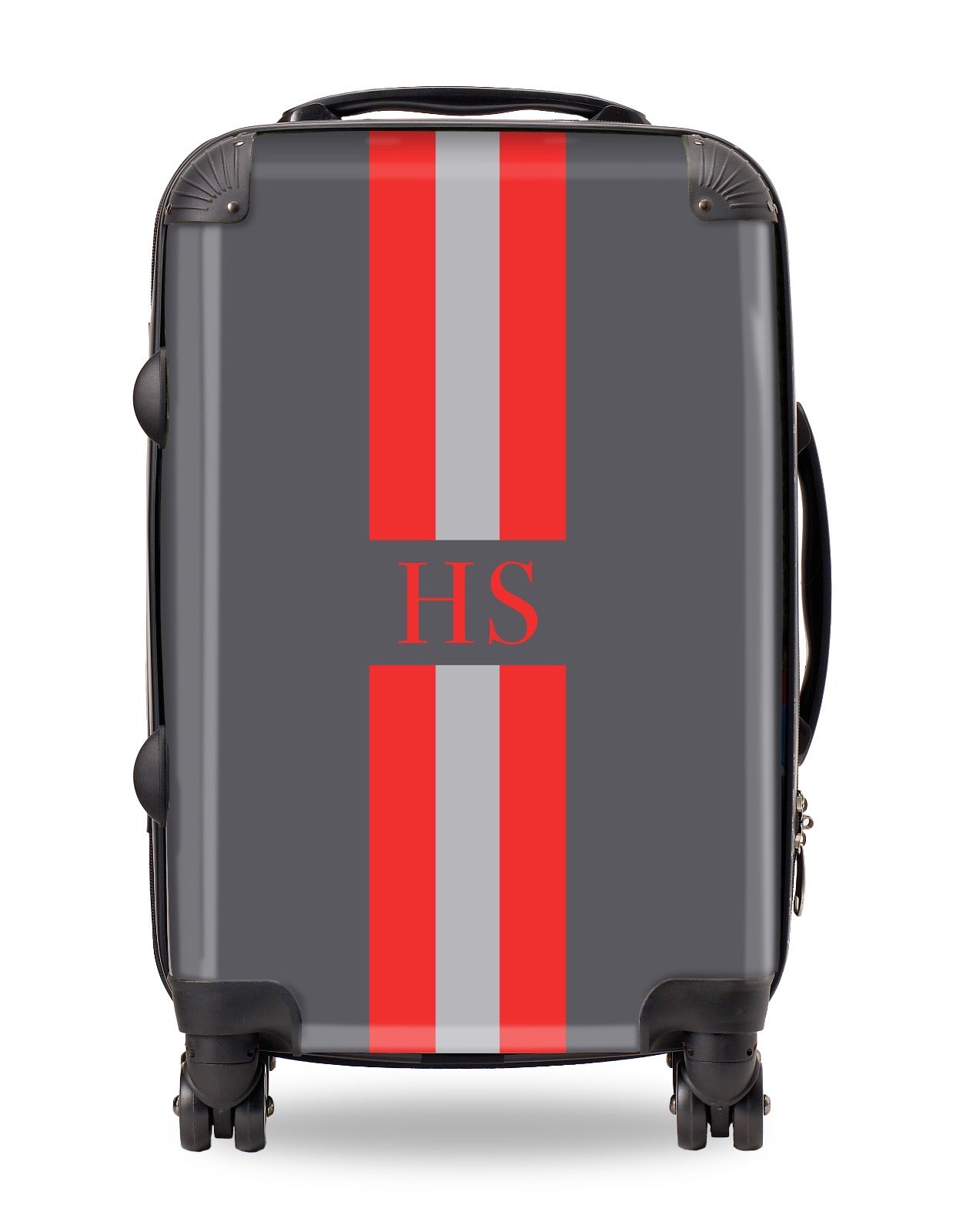Personalised Suitcase Dark Grey with Orange and Pale Grey Stripes