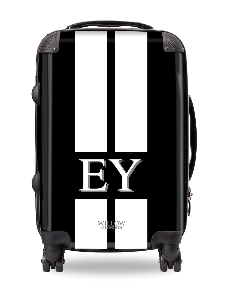 Personalised Suitcase Black with White Stripes and Matching Initials