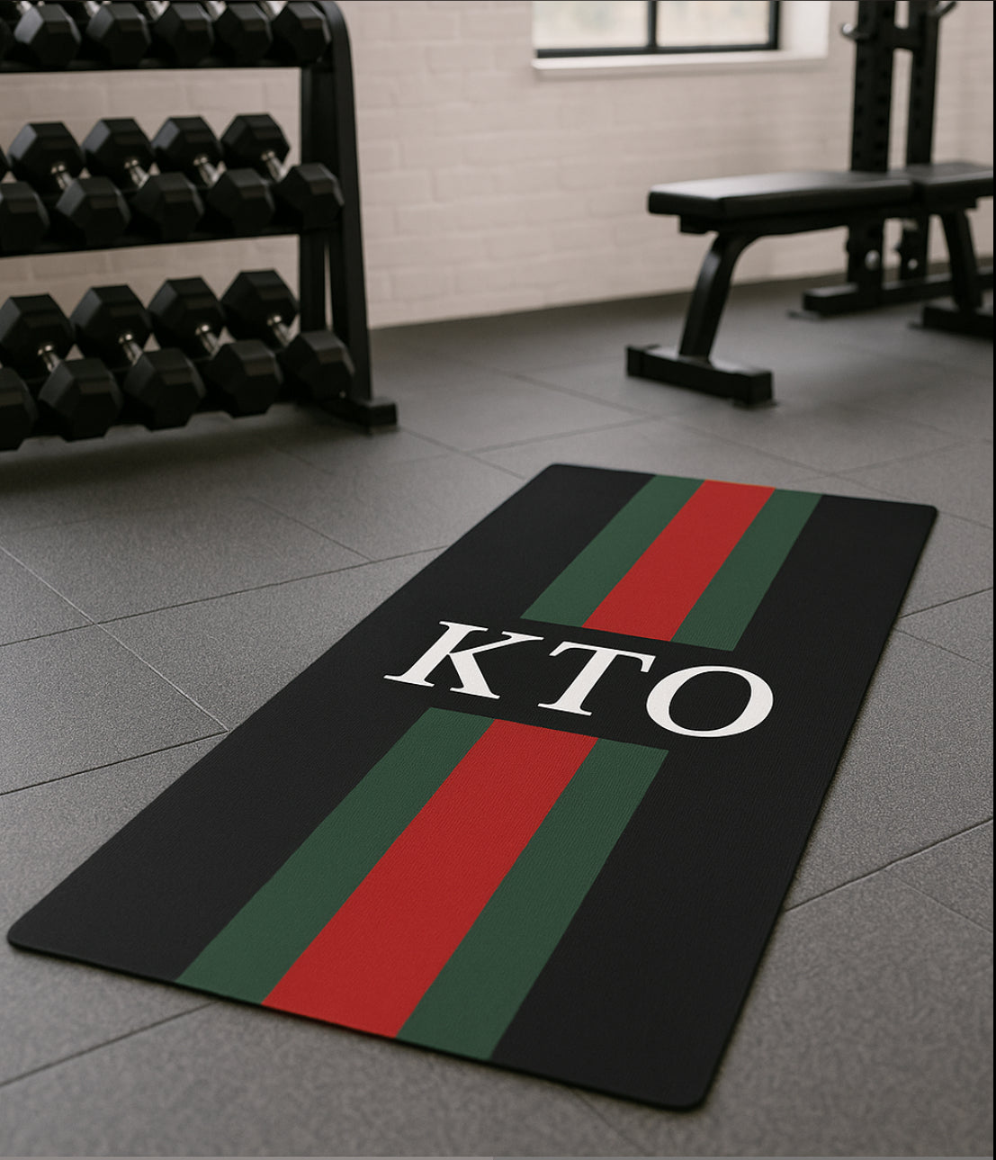 Personalised Yoga Mat Black with Red and Green Striped Initials
