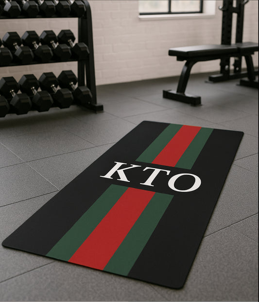 Personalised Yoga Mat Black with Red and Green Striped Initials