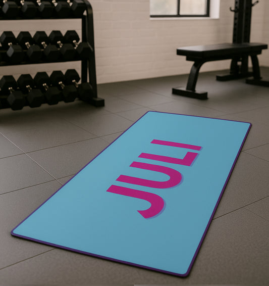 Personalised Yoga Mat Bright Blue with Hot Pink Side Initials