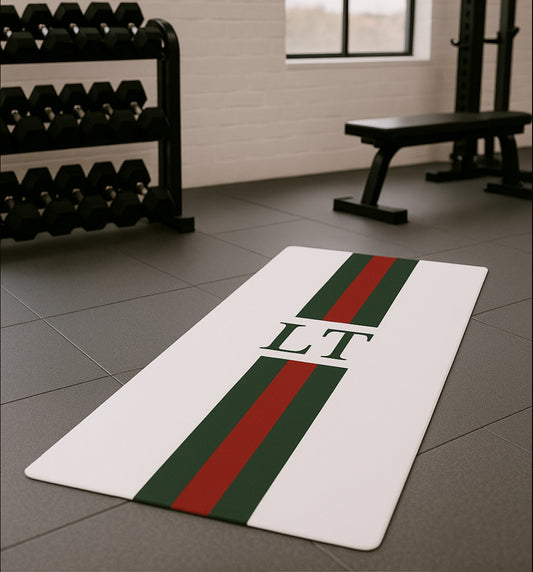 Personalised Yoga Mat White with Red and Green Striped Initials