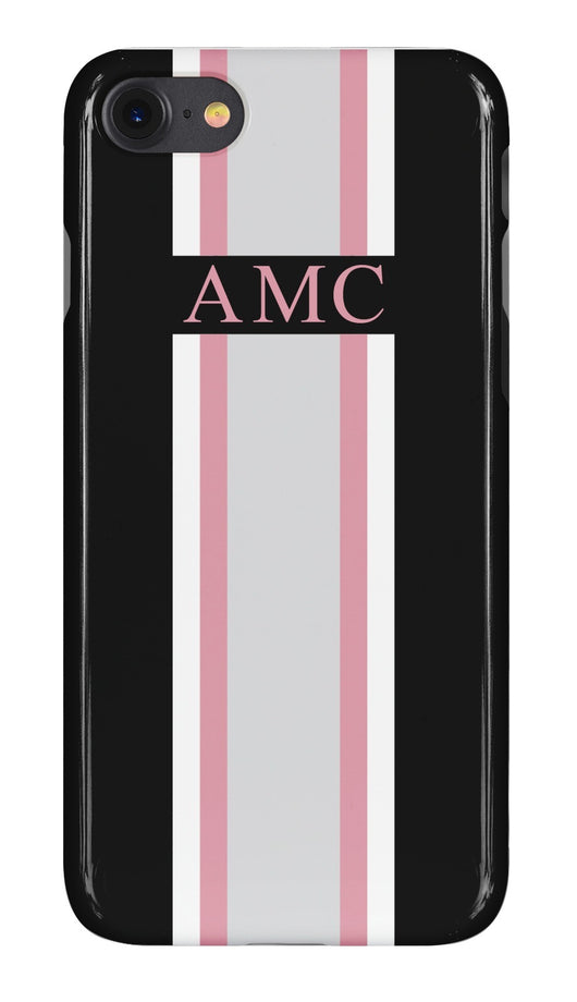 Midnight Black Initialed Case with Grey, Pink and White Stripe