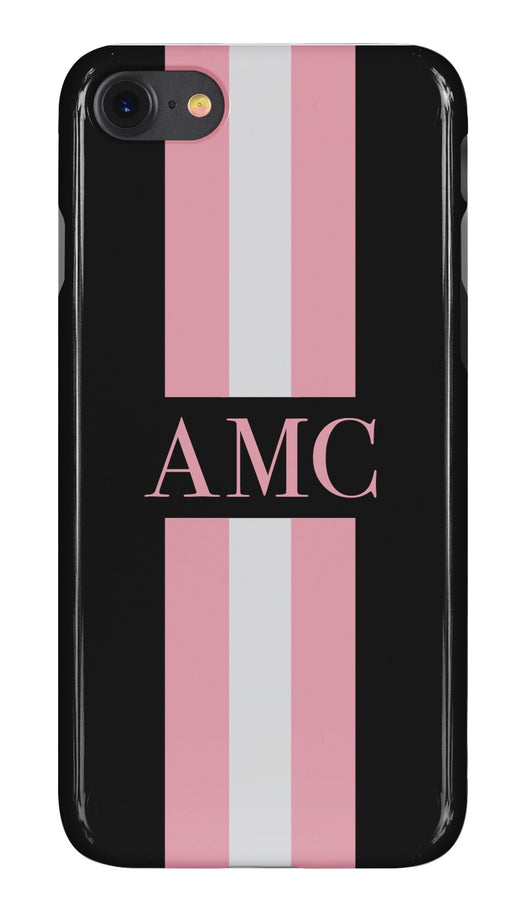Black Initialed Case with Pink and Contrasting Grey Stripe