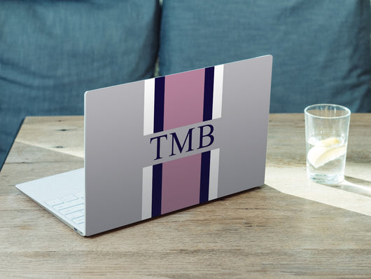 Personalised Hardshell MacBook Grey with White Purple and Navy Stripes and  Initials or Name