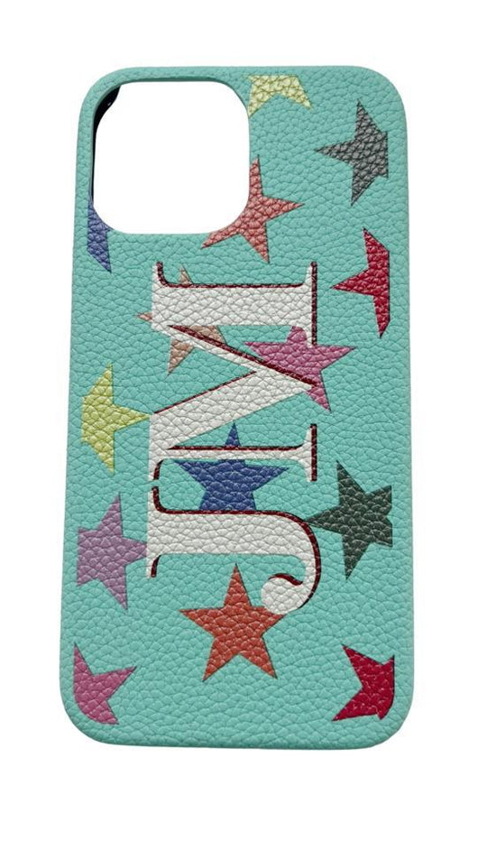 Pale Green Genuine Grained Leather Case with Printed Initials and Large Multi Coloured Stars Design