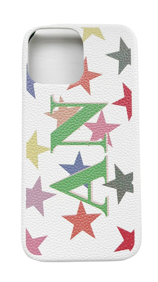 White Genuine Grained Leather Case with Printed Initials and Multi Coloured Star Design