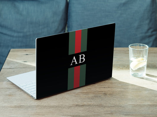 Personalised Hardshell MacBook Case Black with Red an Green Stripes and Initials or Name