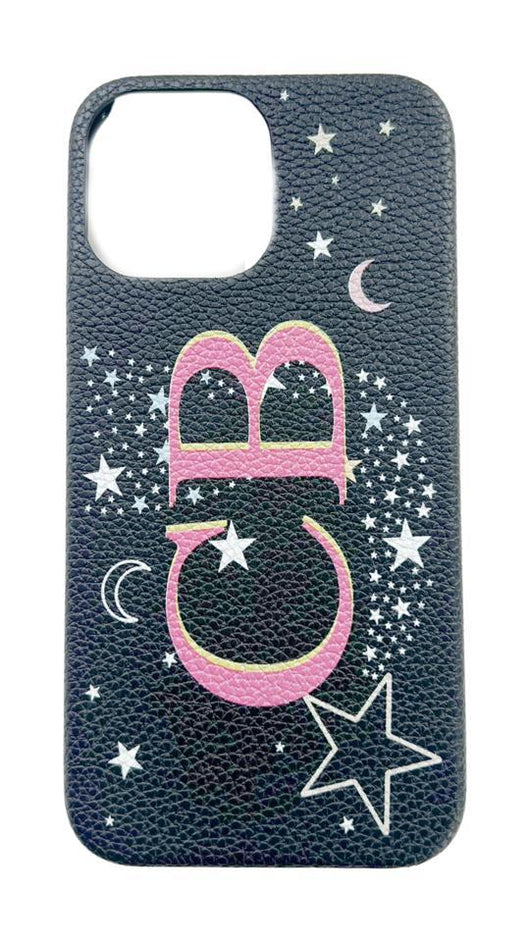 Navy Blue Genuine Grained Leather Case with Printed Initials and Stars and Moon Design