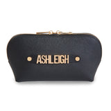 Saffiano Leather Cosmetic Bag with Leather Holding Strap and Metal Letter Personalisation