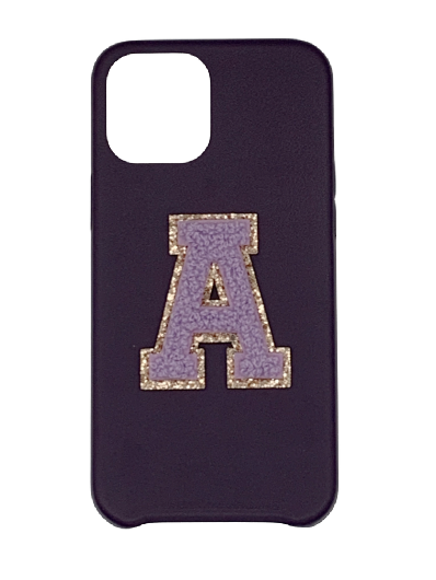 Personalised Aubergine Leather Phone Case with Lilac Chenille Initial