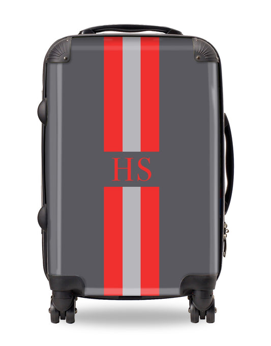 Personalised Suitcase Dark Grey with Orange and Pale Grey Stripes