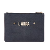 Saffiano Leather Clutch or Make Up Bag with Leather Holding Strap and Metal Letter Personalisation