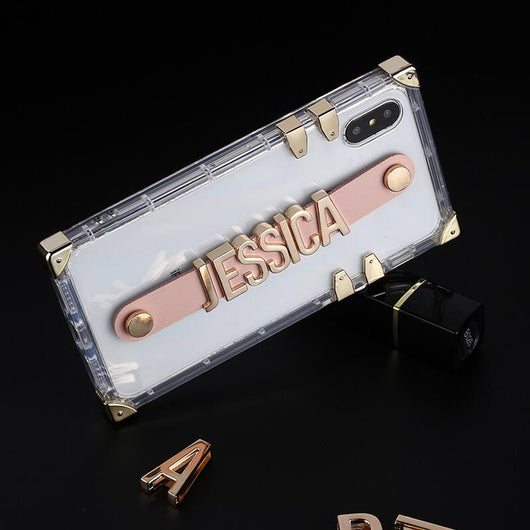 Translucent Trunk Case with Pink Leather Holding Strap and Gold Coloured Metal Personalisation