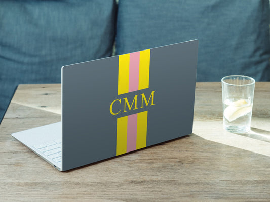 Personalised Hardshell MacBook Case Grey with Yellow and Pink Stripes Initials or Name