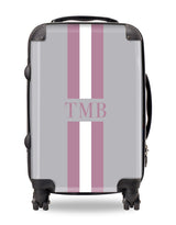Personalised Suitcase Smoke Grey with Purple and White Stripes