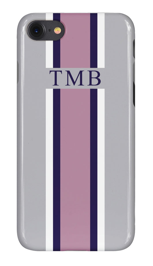 Smoke Grey Initialed Case with Pink, Navy and White Stripe