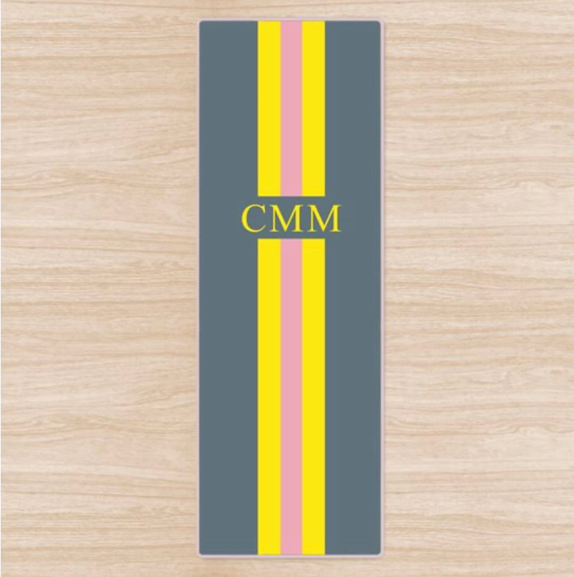 Personalised Yoga Mat Grey with Yellow and Pink Stripes and Initials Or Name