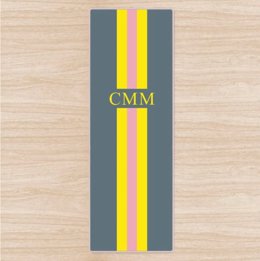 Personalised Yoga Mat Grey with Yellow and Pink Stripes and Initials Or Name