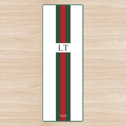 Personalised Yoga Mat White with Red and Green Striped Initials