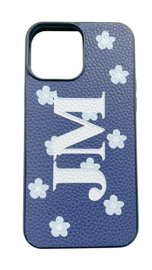 Navy Blue Genuine Grained Leather Case with Printed Initials and Daisy Design
