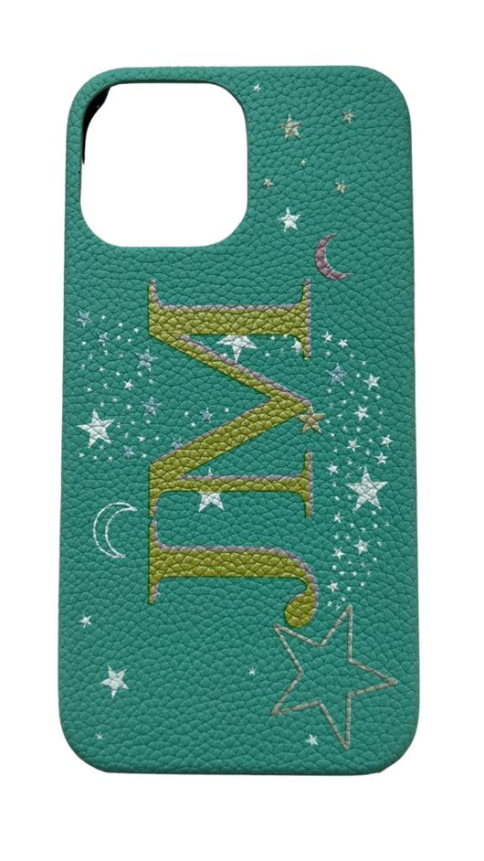Emerald Green Genuine Grained Leather Case with Printed Initials and Star and Moon Design