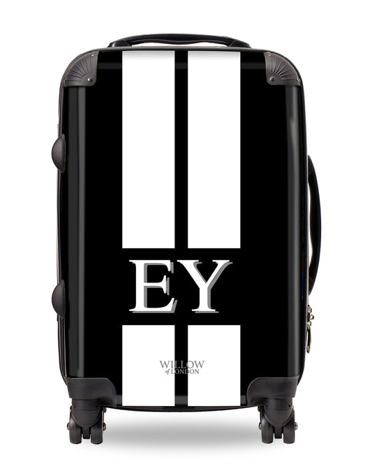 Personalised Suitcase Black with White Stripes and Matching Initials
