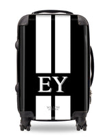 Personalised Suitcase Black with White Stripes and Matching Initials