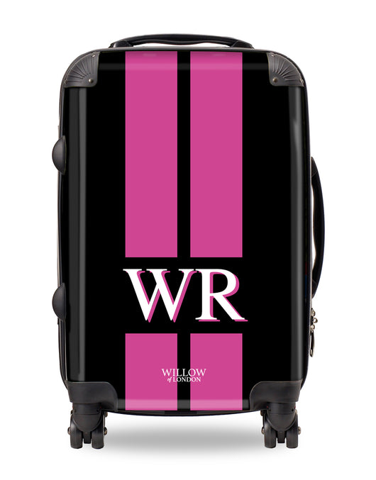 Personalised Suitcase Black with Hot Pink Stripes and Matching Initials
