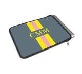 Personalised Luxury Macbook Pouch Grey with Yellow and Pink Stripes Initials or Name