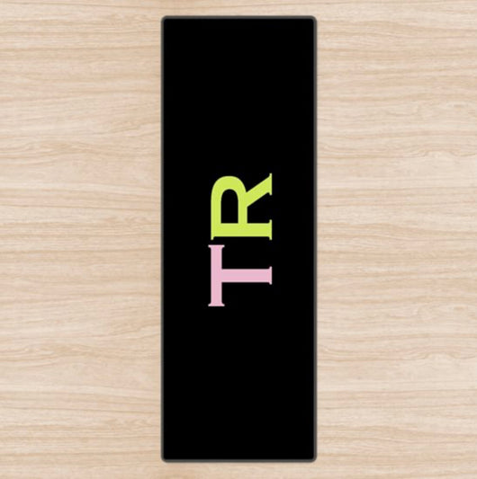 Personalised Yoga Mat Black with Pink and Lime Green Side Initials