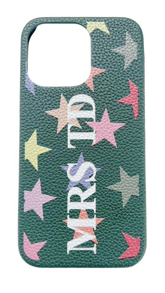 Green Genuine Grained Leather Case with Printed Initials and Large Multi Coloured Stars Design