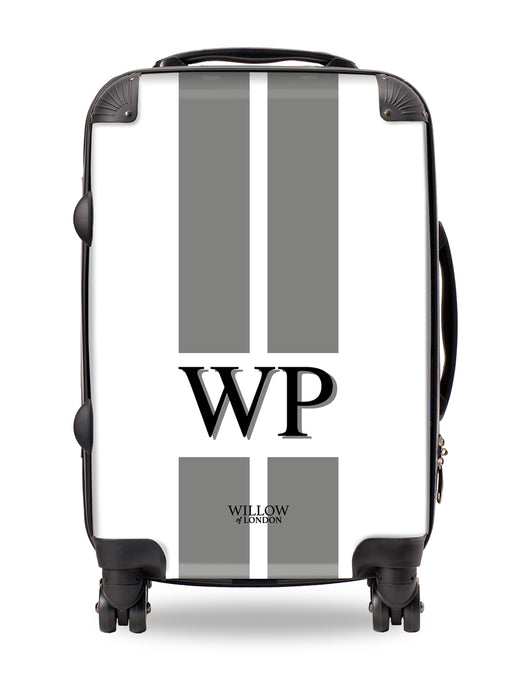 Personalised Suitcase White with Grey Stripes and Matching Initials