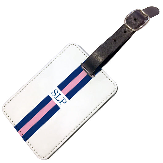 Personalised Luggage Tag Blue and Pink Striped with Initials - Double Sided