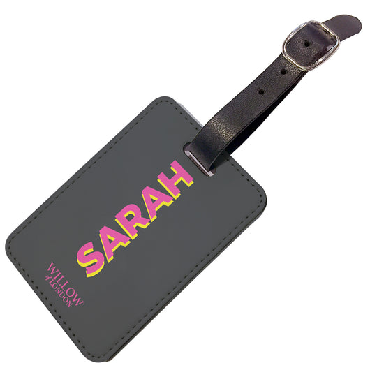 Personalised Luggage Tag Charcoal Grey With Hot Pink Initials - Double Sided