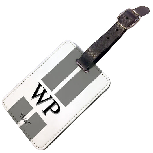 Personalised Luggage Tag White With Grey Stripes and Initials - Double Sided