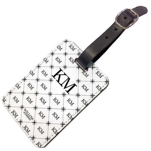 Personalised Luggage Tag White With Multi Black Initial Pattern - Double Sided
