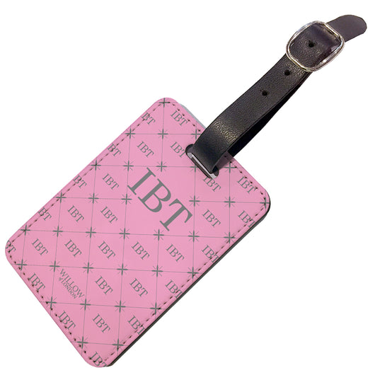 Personalised Luggage Tag Pink With Multi Grey Initial Pattern - Double Sided