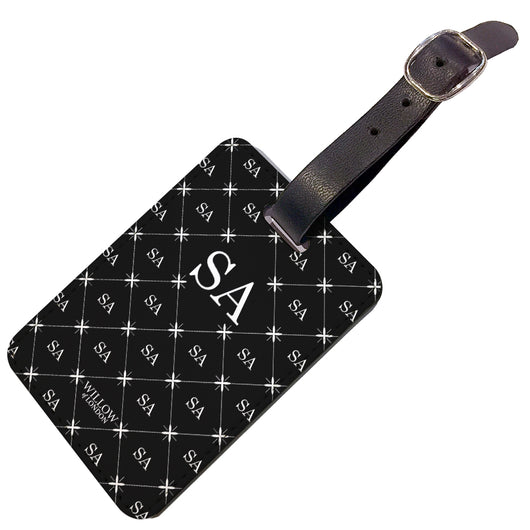 Personalised Luggage Tag Black With Multi White Initial Pattern - Double Sided