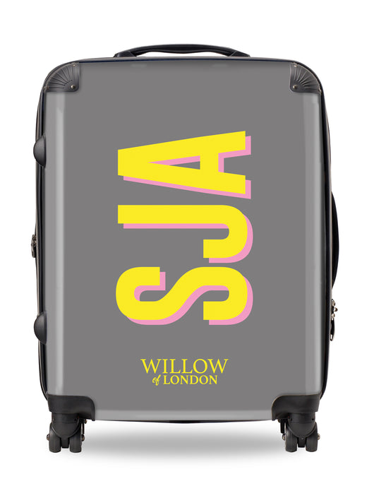 Personalised Suitcase Grey with Yellow Side Initials and Pink Shadow