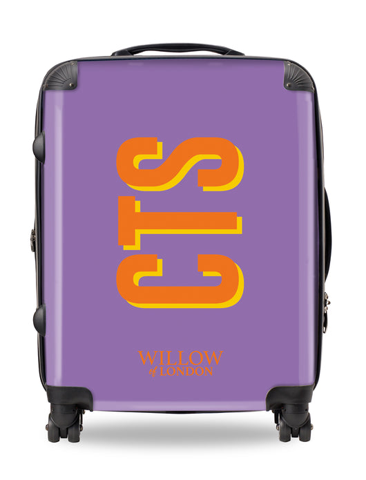 Personalised Suitcase Purple with Orange Side Initials and Yellow Shadow