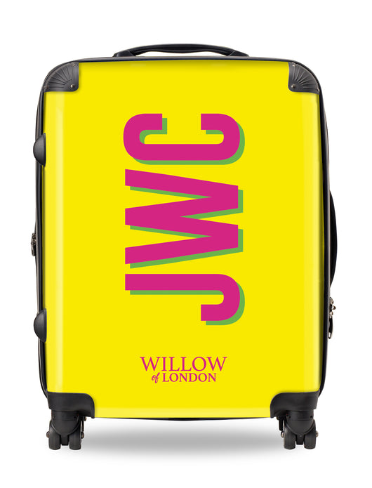 Personalised Suitcase Yellow with Hot Pink Side Initials and Green Shadow