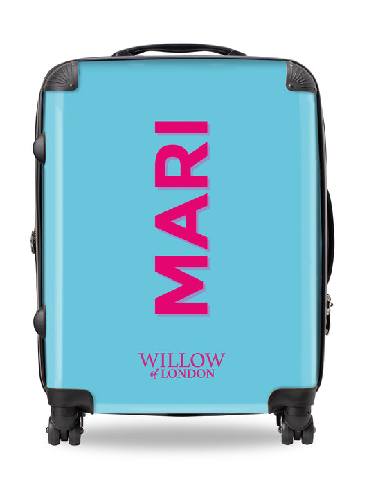Personalised Suitcase Bright Blue with Hot Pink Side Initials and Shadow