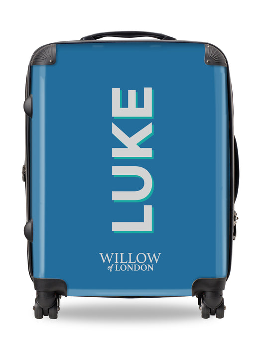 Personalised Suitcase Blue with Silver Grey Side Initials and Green Shadow