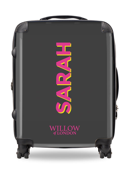 Personalised Suitcase Charcoal with Hot Pink Side Initials and Yellow Shadow
