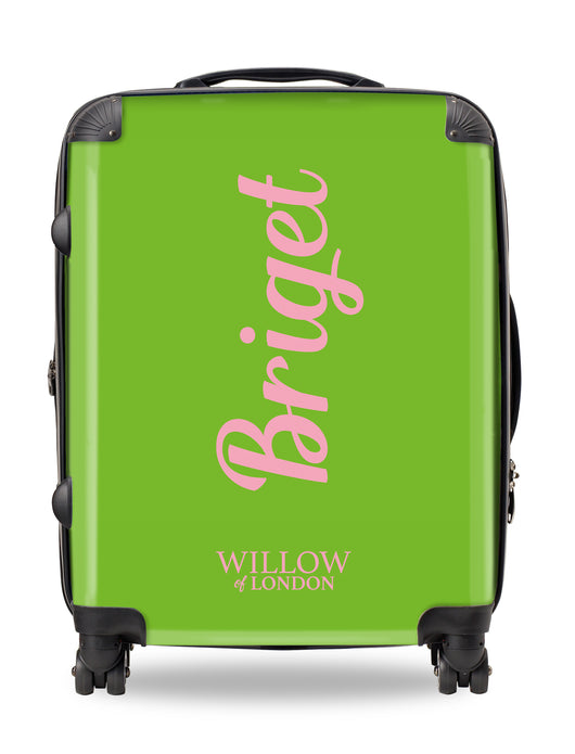 Personalised Suitcase Lime Green with Hot Pink Side Initials and Funky Font