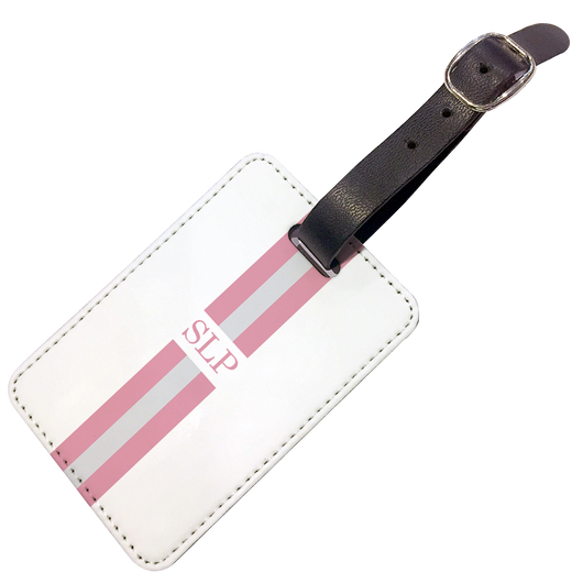 Personalised Luggage Tag Pink and Grey Striped with Initials - Double Sided