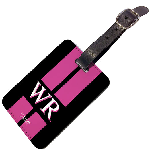 Personalised Luggage Tag Black With Hot Pink Stripes and Initials - Double Sided